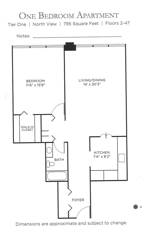 Floor plan for 1 bed, 1 bath, 1052 sqft